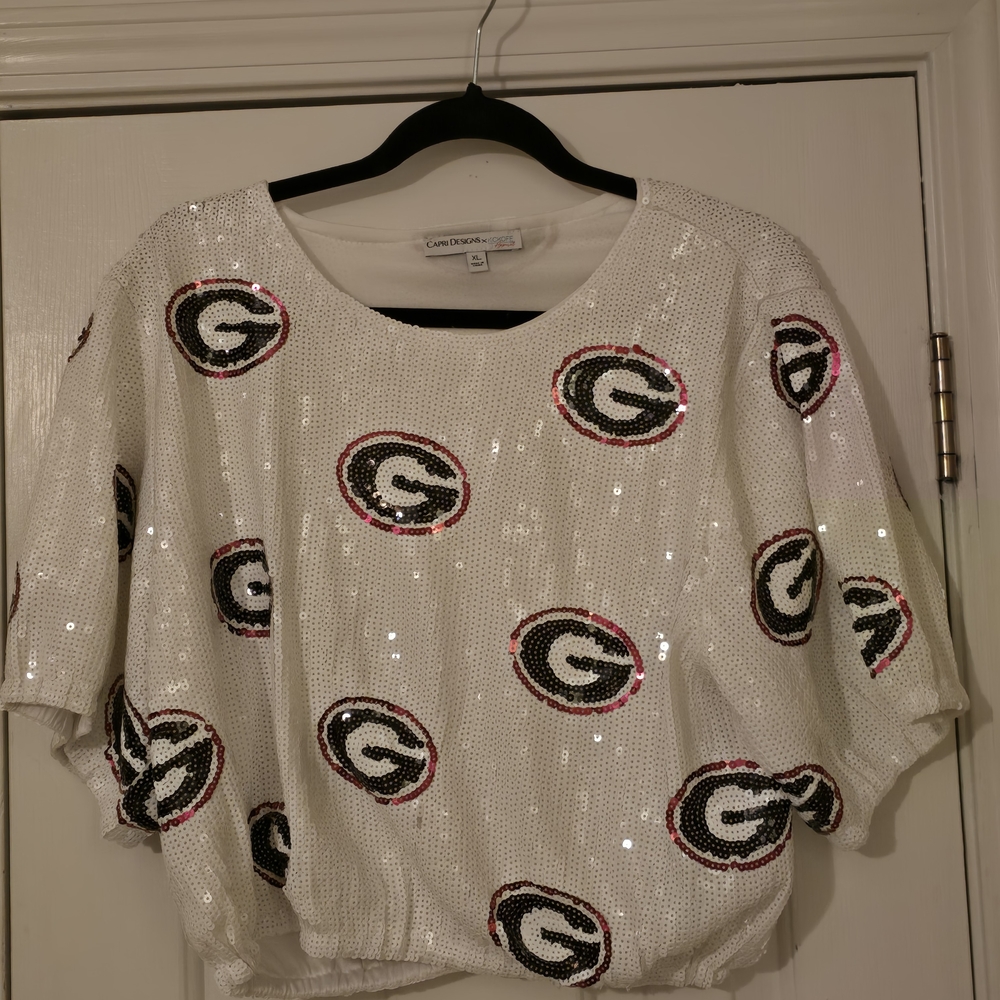 White Sequin Crop Top with UGA Logo Pattern - Picture 2 of 5